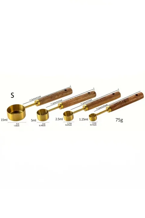 PEROTTİ Vasto 4'lü Paslanmaz Çelik Ahşap Saplı Ölçü Kaşığı Seti Ölçü Kabı 1.25ml 2.5ml 5ml 15ml