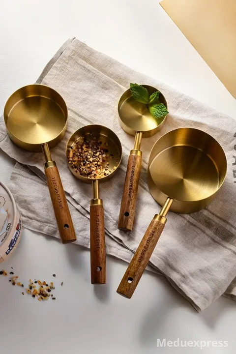 PEROTTİ Vasto 4'lü Büyük Boy Paslanmaz Çelik Ahşap Saplı Ölçü Kaşığı Seti Ölçü Kabı 60ml 80ml 125ml 250ml