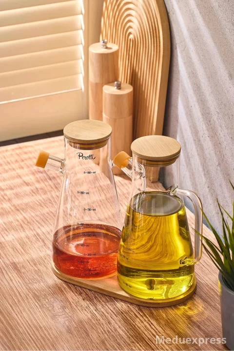 PEROTTİ STD Gaella Bamboo 2’li 900ml Tepsili Yağlık-Sirkelik Seti 3 Parça Borosilikat