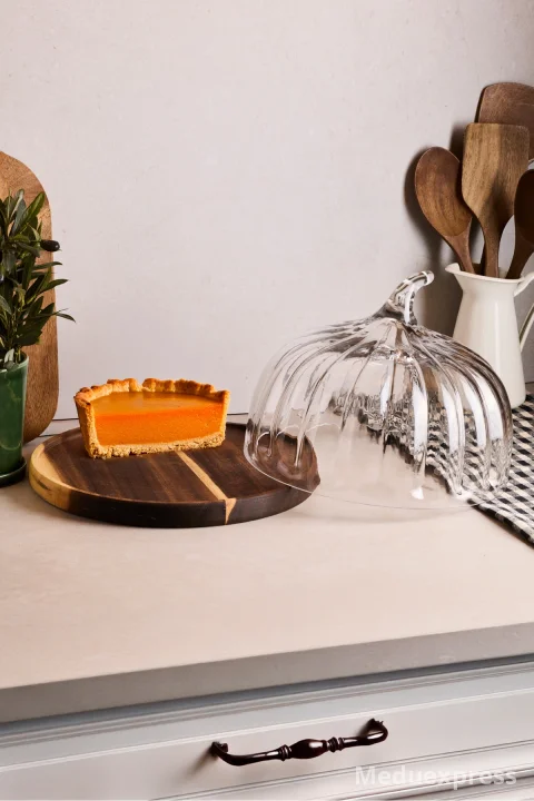 PEROTTİ Leone Bal Kabağı Akasya Tabanlı Cam Kek Fanusu 28 Cm Dev Boy