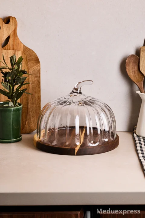 PEROTTİ Leone Bal Kabağı Akasya Tabanlı Cam Kek Fanusu 28 Cm Dev Boy