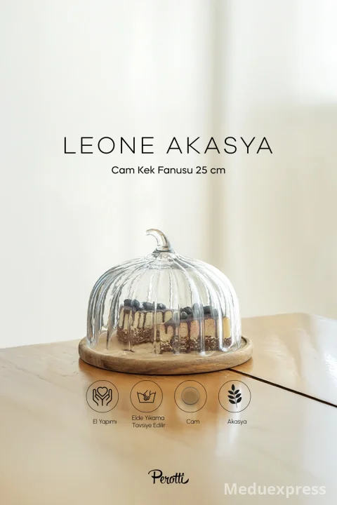PEROTTİ Leone Bal Kabağı Akasya Tabanlı Cam Kek Fanusu 25 Cm Orta Boy