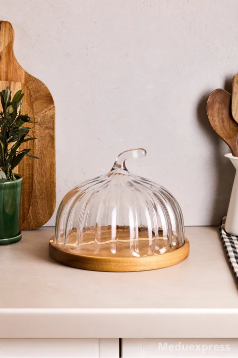 PEROTTİ Leone Bal Kabağı Akasya Tabanlı Cam Kek Fanusu 25 Cm Orta Boy