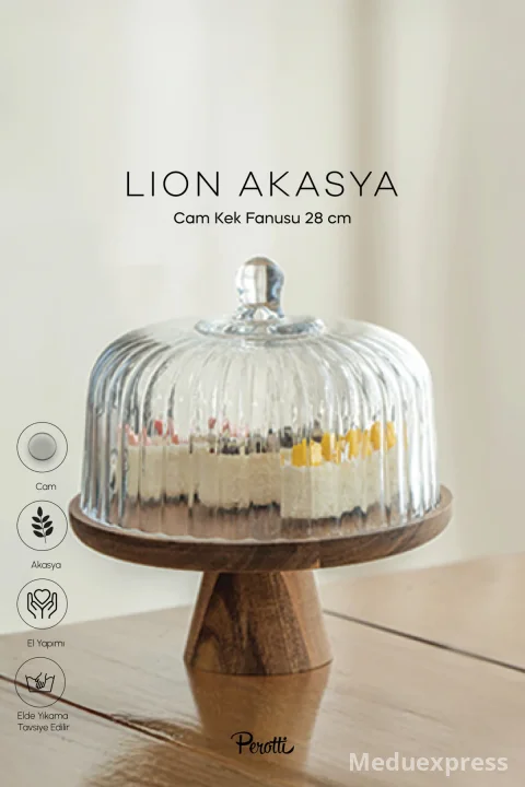 PEROTTİ Lion Akasya Standlı Cam Kek Fanusu Ayaklı 28 Cm Dev Boy