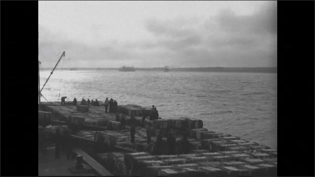 1930s: Long shot, men working on dock, loading bales onto conveyor belts. Low angle, crane raising and lowering. 