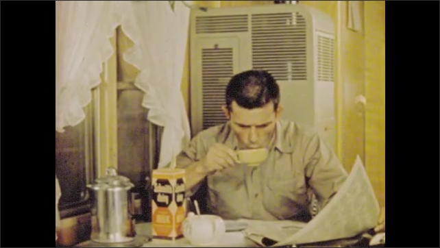 1950s: Man pours milk in coffee at breakfast table, reads paper, as narrator describes helpful Christian community.