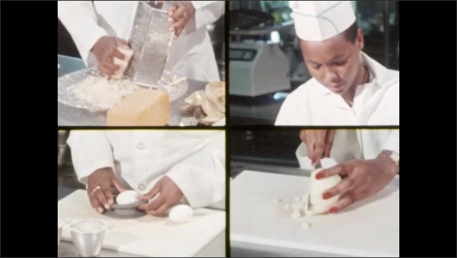 1980s: A black teen newscaster speaks from behind a desk. A four image grid of various food service jobs, tasks, and meals - chopping, mixing, icing, etc.