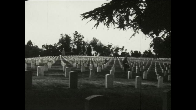 1910s Woman stands from grave and walks past rows of headstones in Arlington National Cemetery.