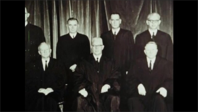 1960s: man writes letter from prison library. Hand writes in pencil on paper. June 1962 court votes to consider Gideon’s case. Photo of judges involved in Gideon’s case. 