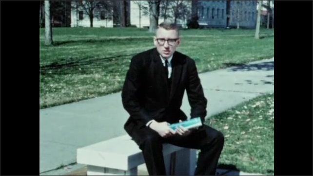 1960s: Bruce Jacob walks along path to bench. Bruce Jacob sits for camera interview. Assistant Attorney General. 