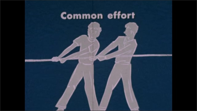  1950s: Illustrated title card; A Common Purpose. A badminton net in a yard. Illustrated title card: Common Effort. Money changes hands, a box of badminton equipment. Title card: Common Plan. Drawing.