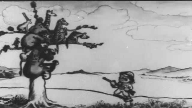 1910s: Cartoon animals and monkey climb tree to avoid Teddy Roosevelt with rifle. President Woodrow Wilson throws the first pitch at opening day baseball game.