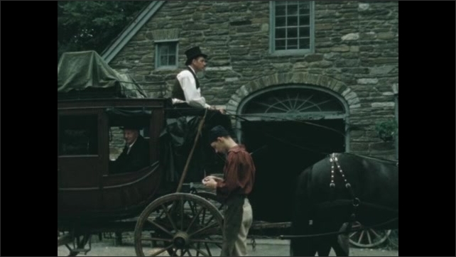 1840s: carriage driver preparing to ride away before giving papers to two men
