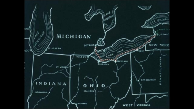 1840s: map of routes through the great lakes in northeast, horses pulling carriage along path
