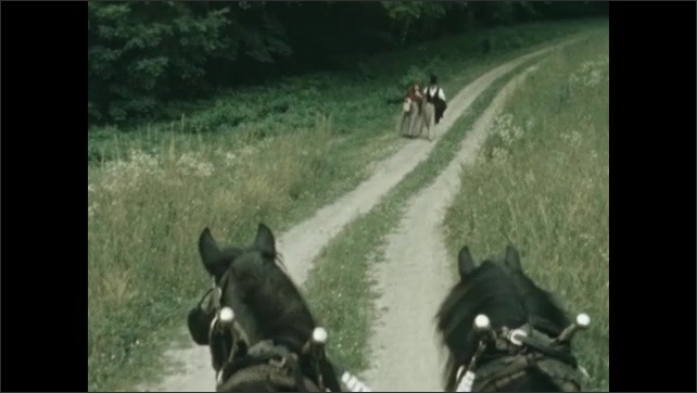 1840s: horses pulling carriage along path passing others