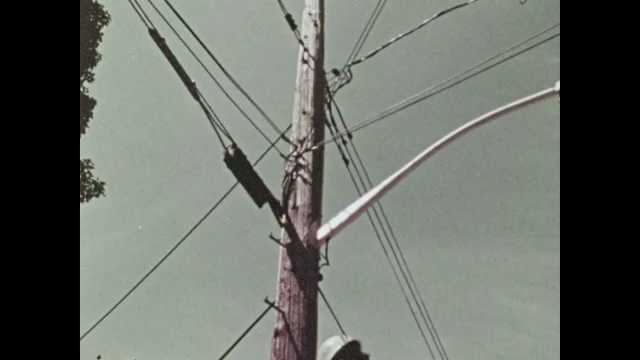 1970s: Man climbing phone pole, tilt down to man in street, man talks into camera. Man on phone pole. Man walks by phone operators. Man exits truck, zoom out, man to people boarding bus. 