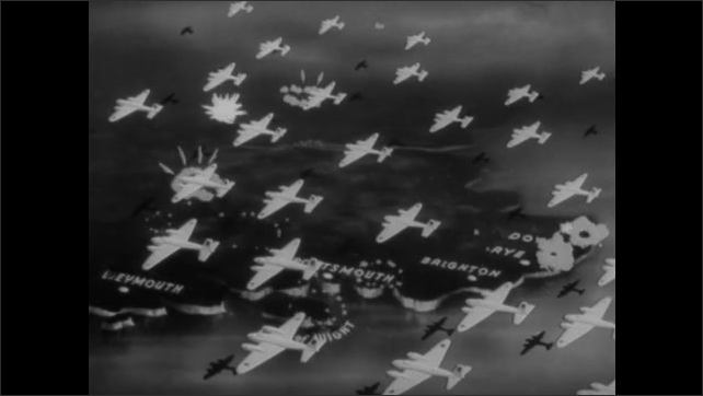 1940s ENGLAND: Plane falls out of the sky. Airplane wreckage. Animation shows German air attack of English cities. Plane drops bombs, bombs explode on beach.  