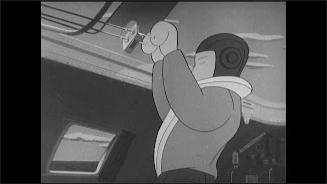 1940s: Animated bomber plane crash lands in ocean. Cartoon soldier pulls rip cord. Life rafts inflate on plane and soldiers evacuate.