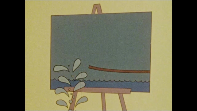 1970s: Animated image of boy shooting a slingshot on easel. Woman in bathing suit jumps on springboard and off the picture. Machinery in factory moves up and down.
