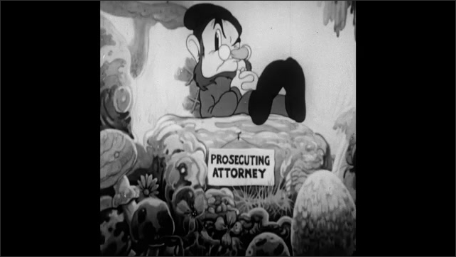 1940s: Pixies carry man into woods. Pixies guard man in stocks. Pixies hold trial and watch proceedings in magical forest. Pixie bangs gavel on mushroom and speaks.