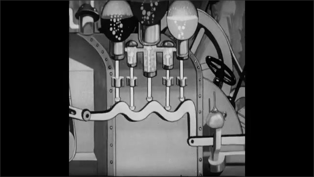 1940s: Pixie policeman laughs and pulls lever. Man in stocks fall in hole and slides down into youth machine. Pixie plays bugle. Machine pistons move and man is subjected to torture.