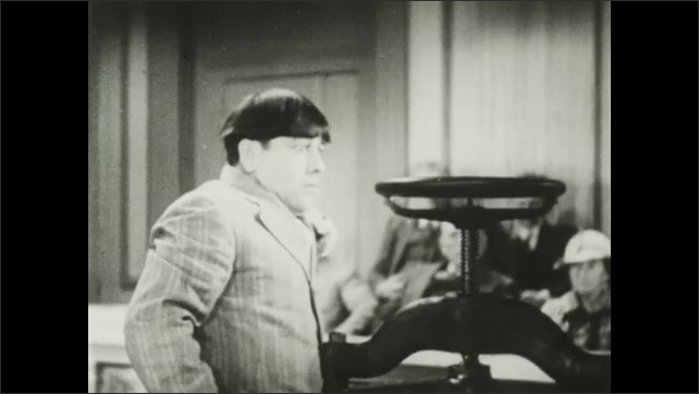 1930s: Larry spins the vise on Curly's head and the vise handle comes off and hits Larry on the head.