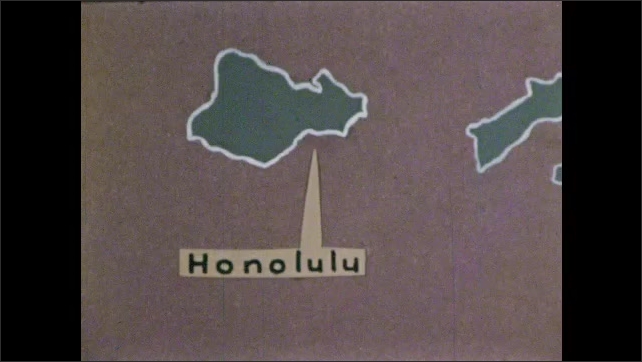 1960s: Map of Hawaiian Islands. Map of Oahu with a pointer to Honolulu. Diagram of a volcano with water on the side.