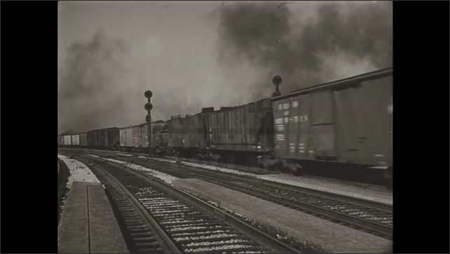 1930s: Gas in a pump cylinder decreases. Steam freight train goes through a station. Check graphic overlay: people picking cotton, sheep flock, cowboy herding cattle.