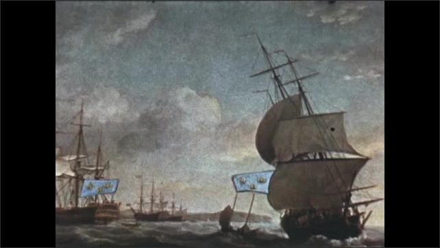 1770s: Illustration of masted ships at sea. 