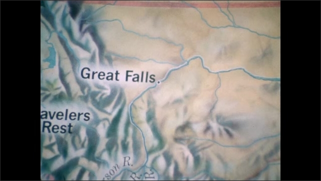 1800s: Film slate. Person traces finger along Yellowstone River running to Great Falls on map of United States. Film slate. Person points to where river splits into three other rivers.