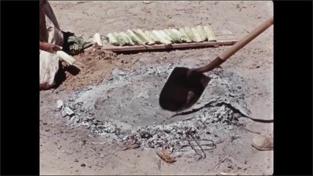 1940s: Woman fills food into banana leaf. Woman lays filled banana leaves in cook pit in ground.