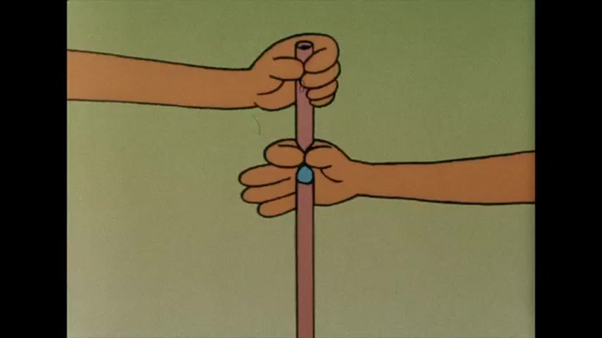 1990s: Animation - hands squeeze a ball to the bottom of tube. Intestines. "Food" is broken up into nutrients. Cross-section of human body, heart is beating. Alien bug smiles.