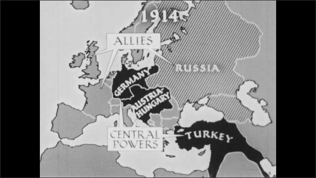 1910s: Labels appear on map of Europe labeled "1914."  Waving flag.  Ship.