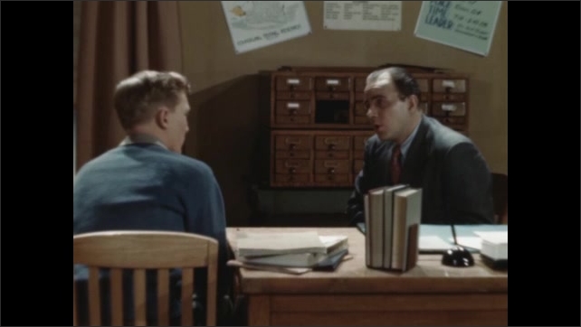 1940s: work title on clapper board. Teacher has serious talk with naughty student. Young man speaks to career’s advisor. Boss talks with employee. 