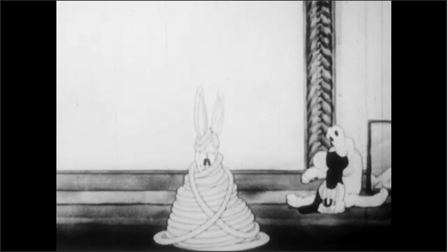 1930s: Animation of door that falls over dog, rabbit tied up with rope ...