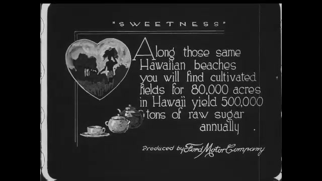 1910s: Intertitle cards. Fields of sugar cane. Intertitles. Plow is pulled across field. Tractor sits on field.