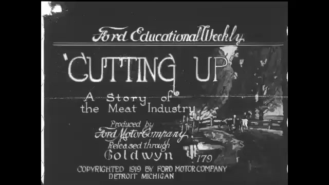 1910s: Title card, "Cutting Up". Intertitle. Cattle in a field next to a bond. Intertitle. 