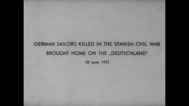 1930s: Intertitle card. Navy ship at sea, titles. Caskets on board ship, soldiers stand in front of them. German ship pulls up to dock. Soldiers stand on deck, soldiers on dock.