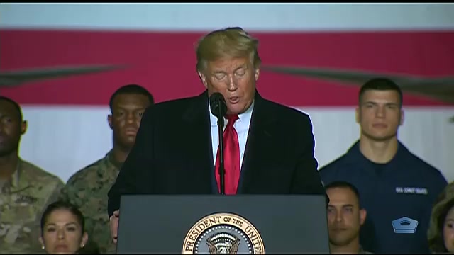 2010s: Donald Trump outlining other benefits of new act for military, crowd applauds.