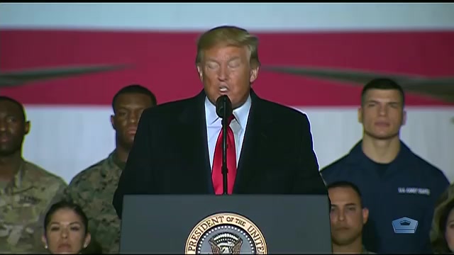 2010s: Donald Trump praises American soldiers. President Trump talks about killing of ISIS leader and second in command, crowd cheers.