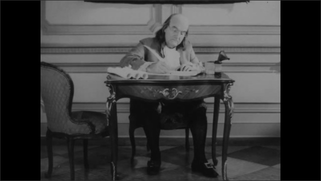 1940s: Benjamin Franklin stands behind table, talking. Ben Franklin sits at desk writing. Man reads Autobiography of Benjamin Franklin, puts book down and talks.