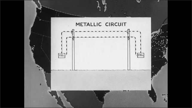 1940s: Animated drawing of a grounded circuit appears over exchange map. Grounded circuit transforms into a metallic surface. Line moves from Boston to New York City.