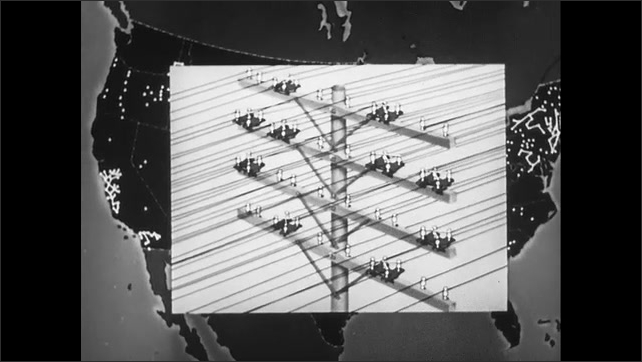 1940s: Animated drawing of a telephone wires appears over exchange map. Lines connect dots across map of the United States.