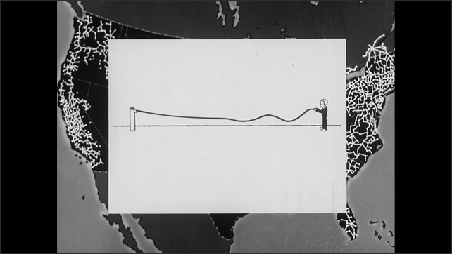 1940s: Animated drawing of a telephone wires appears over exchange map. Animated drawing of a man shaking rope with weights appears over exchange map.