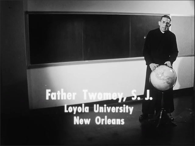 1960s: Film titles over spinning earth. Priest standing in class room. People running down street. Crowds clashing with police.
