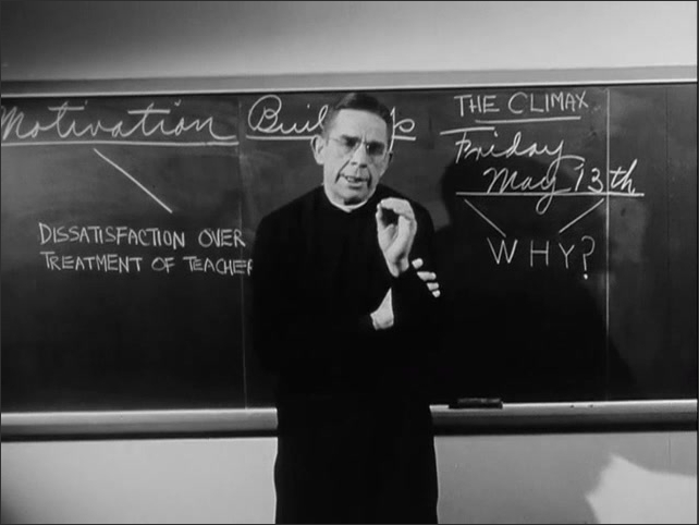 1960s: Father Twomey speaking in front of a blackboard. Interviewer asking Francis McNamara questions.