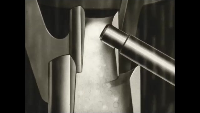 1930s: Animated drop circles and enters the metering jet in a carburetor. A pencil shows places on a carburetor. Animated diagram of vaporized fuel coming from the jet through the Venturi tube.