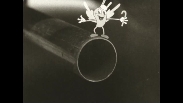1930s: Animated drop with wings flies out of a tailpipe. It pulls out a hat and cane. It flies and disappears as a car drives down a street. Card.