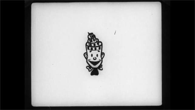 1920s: Animator draws strip of film with sprockets and edges. Film spins into a roll and the roll turns into a face. Face smiles and tries out a voice and singing. Body moves and stretches.