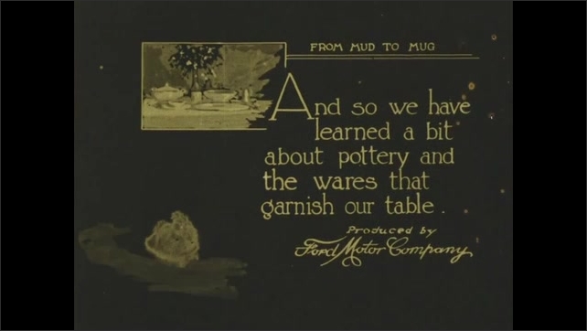 1910s: Woman stamping designs onto cup. Woman painting cup. Animated title card. Oysters being eaten. A waiter serving soup.